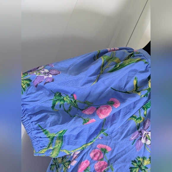 LOFT Women's Floral Blue Blouse Top Deep V-neck Balloon Sleeve Sz M - Picture 5 of 9